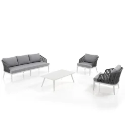 Afteli salotto interno e esterno in alluminio bianco opaco con cuscini tessuto sintetico grigio chiaro