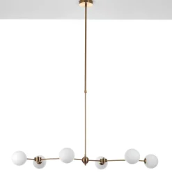 Alycia a lampadario in metallo verniciato ottone opaco e sfere in vetro bianco opaco 120x68 h90-150 cm