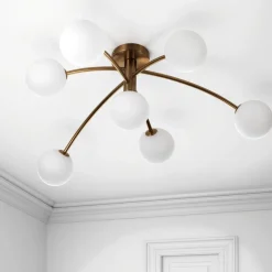 Arches lampadario / plafoniera in acciaio oro opaco e 7 sfere vetro bianco opaco 88x88xh38 cm