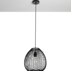 Arcon lampadario in metallo nero opaco con paralume in filo di acciaio e tessuto nero d35 h36 cm