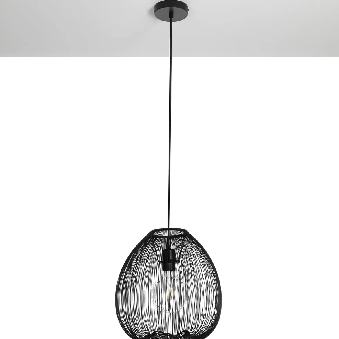 Arcon lampadario in metallo nero opaco con paralume in filo di acciaio e tessuto nero d35 h36 cm