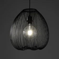 Arcon lampadario in metallo nero opaco con paralume in filo di acciaio e tessuto nero d35 h36 cm