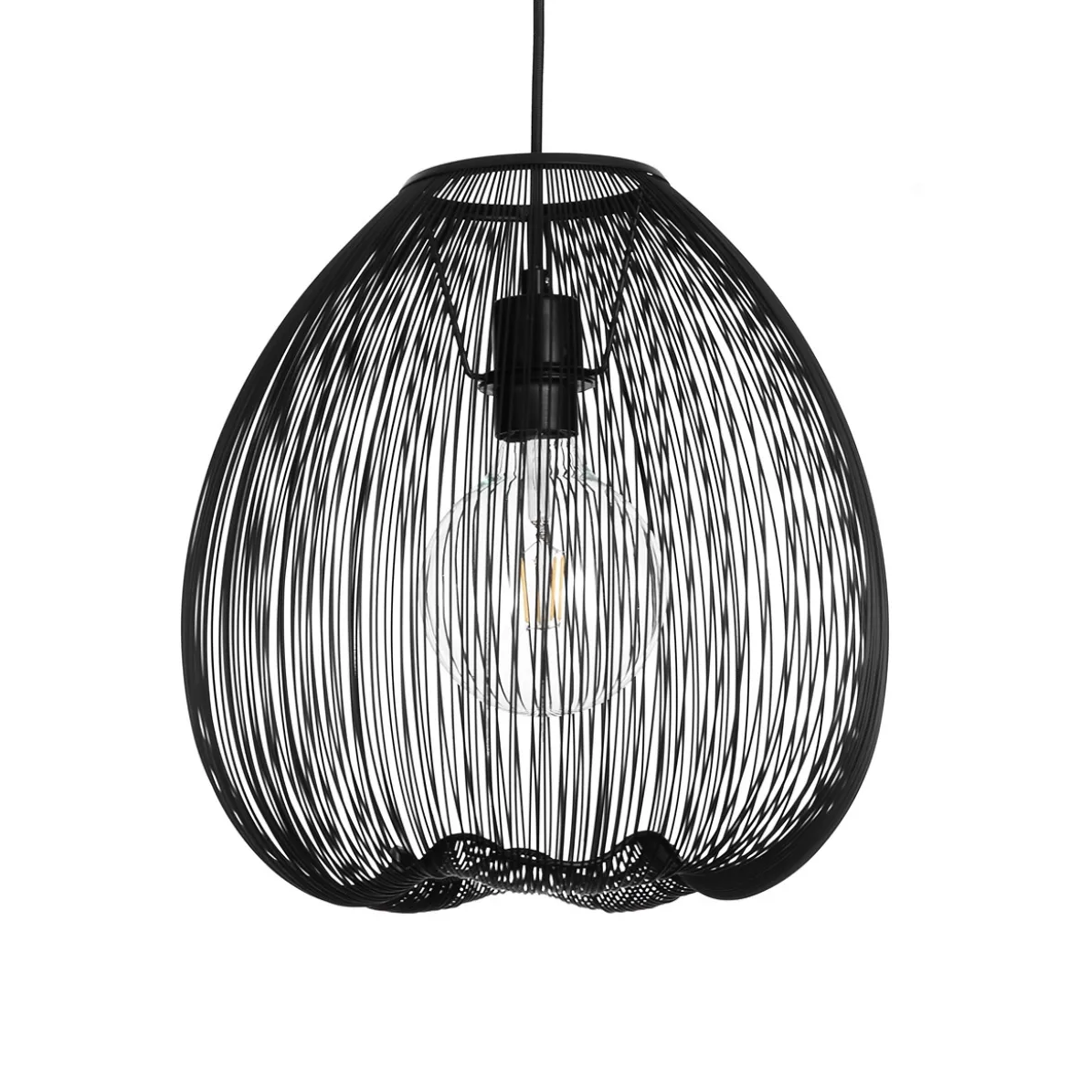 Arcon lampadario in metallo nero opaco con paralume in filo di acciaio e tessuto nero d35 h36 cm