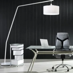 Arko lampada da terra in metallo bianco opaco con paralume in tessuto bianco 220x40 h210 cm