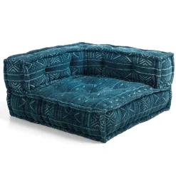 Blue isy divano 2 posti basamenti in rattan sbiancato rivestimento cotone patchwork blu cm. l160 p80 h70