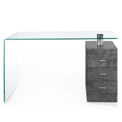 Bow Cement Scrivania in Vetro Curvato Cassettiera con serratura finitura Cemento, 125 x 65 x h 75 cm