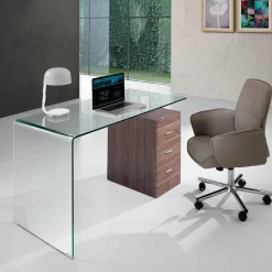 Bow Dark Wood Scrivania in Vetro Curvato Cassettiera con serratura finitura Noce, 125 x 65 x h 75 cm