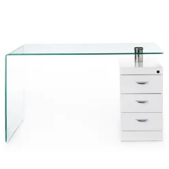 Bow Scrivania in Vetro Curvato Cassettiera con serratura Laccata Bianco Opaco, 125 x 65 x h 75 cm