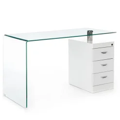 Bow Scrivania in Vetro Curvato Cassettiera con serratura Laccata Bianco Opaco, 125 x 65 x h 75 cm