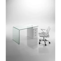 Bow Scrivania in Vetro Curvato Cassettiera con serratura Laccata Bianco Opaco, 125 x 65 x h 75 cm