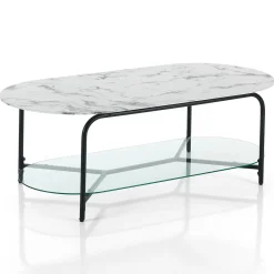 Brill tavolino piano 120 x 60 in vetro effetto marmo bianco struttura acciaio colore nero opaco h42 l120 p60 cm