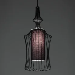 Cathedral a lampadario in metallo nero opaco con paralume in filo di acciaio e tessuto nero d29 h64 cm