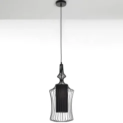 Cathedral a lampadario in metallo nero opaco con paralume in filo di acciaio e tessuto nero d29 h64 cm