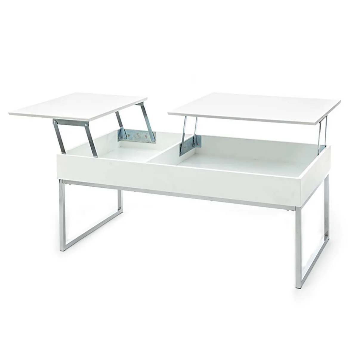 Celinda tavolino da salotto in mdf laccato bianco opaco e metallo cromato top alzabile con vano 110x60 h45 cm