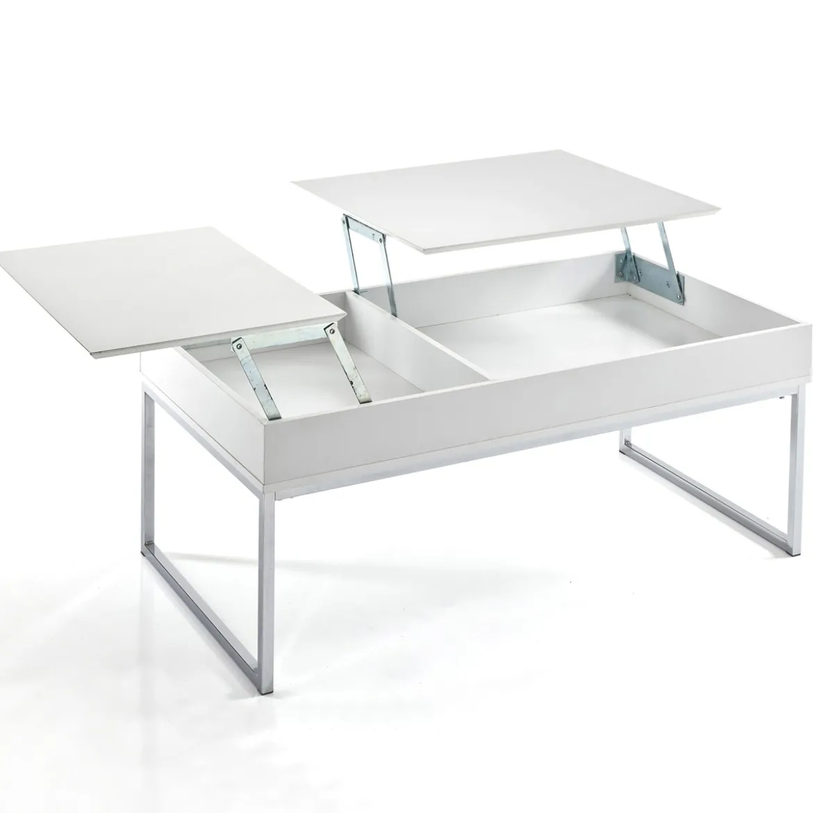 Celinda tavolino da salotto in mdf laccato bianco opaco e metallo cromato top alzabile con vano 110x60 h45 cm
