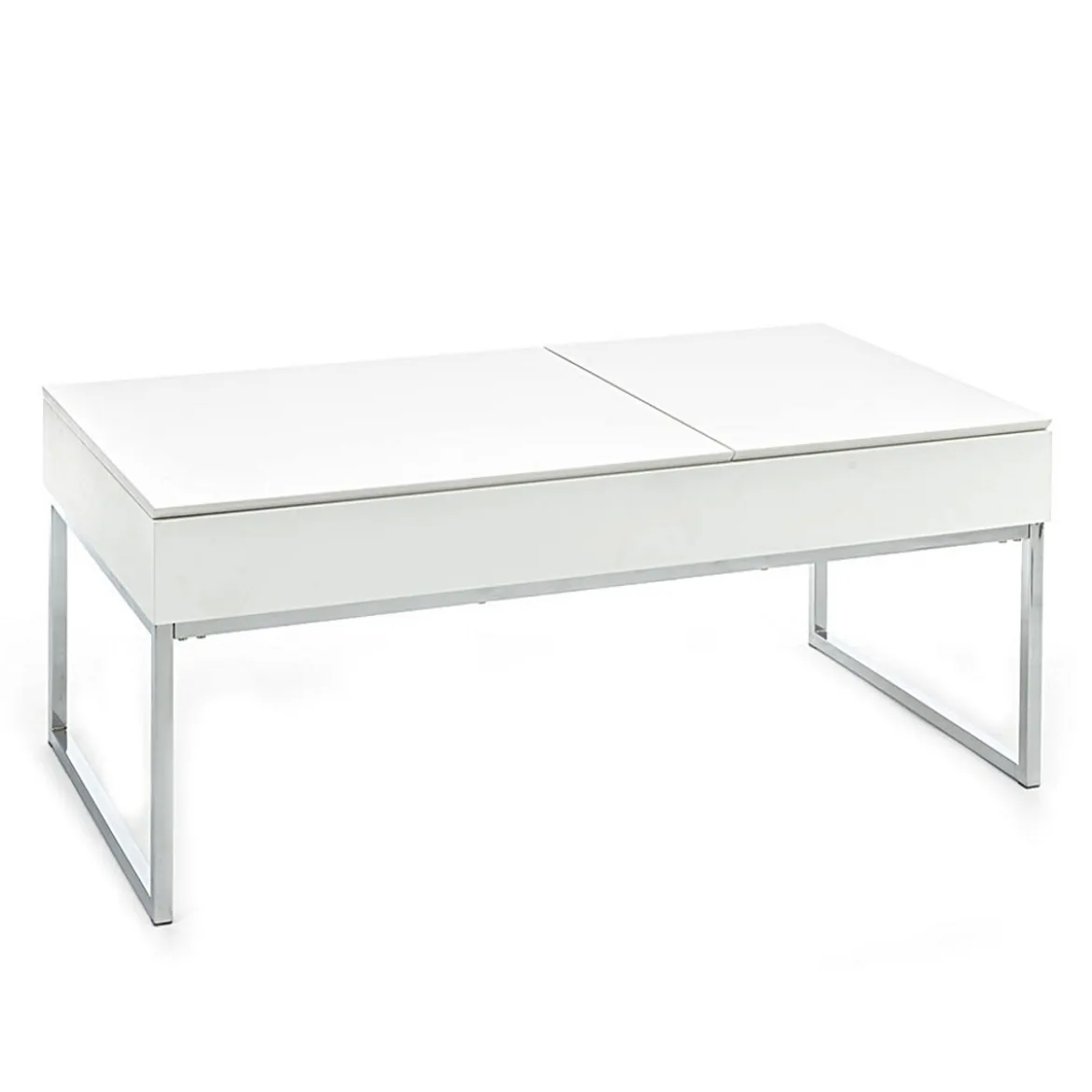 Celinda tavolino da salotto in mdf laccato bianco opaco e metallo cromato top alzabile con vano 110x60 h45 cm