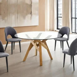 Cork Tavolo Rotondo in Vetro temprato Trasparente con base in legno massello finitura rovere diametro 137 cm