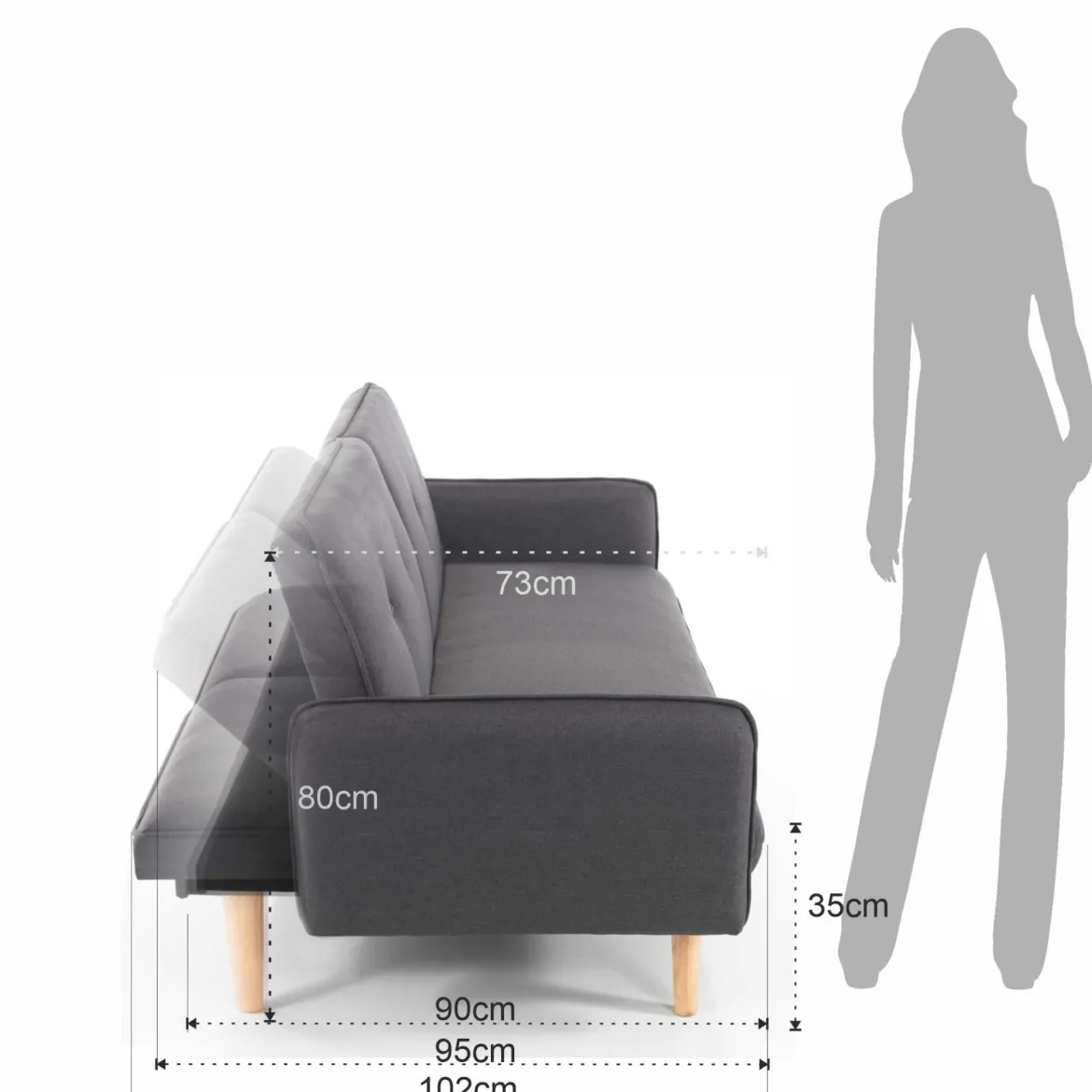 Dede divano - letto schienale reclinabile 3 posizioni (divano / relax / letto) tessuto di colore grigio l190 p90 h80