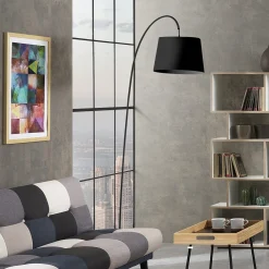 Dido powder taupe lampada da terra fusto metallo nero lucido paralume tessuto nero h210 d29 l80