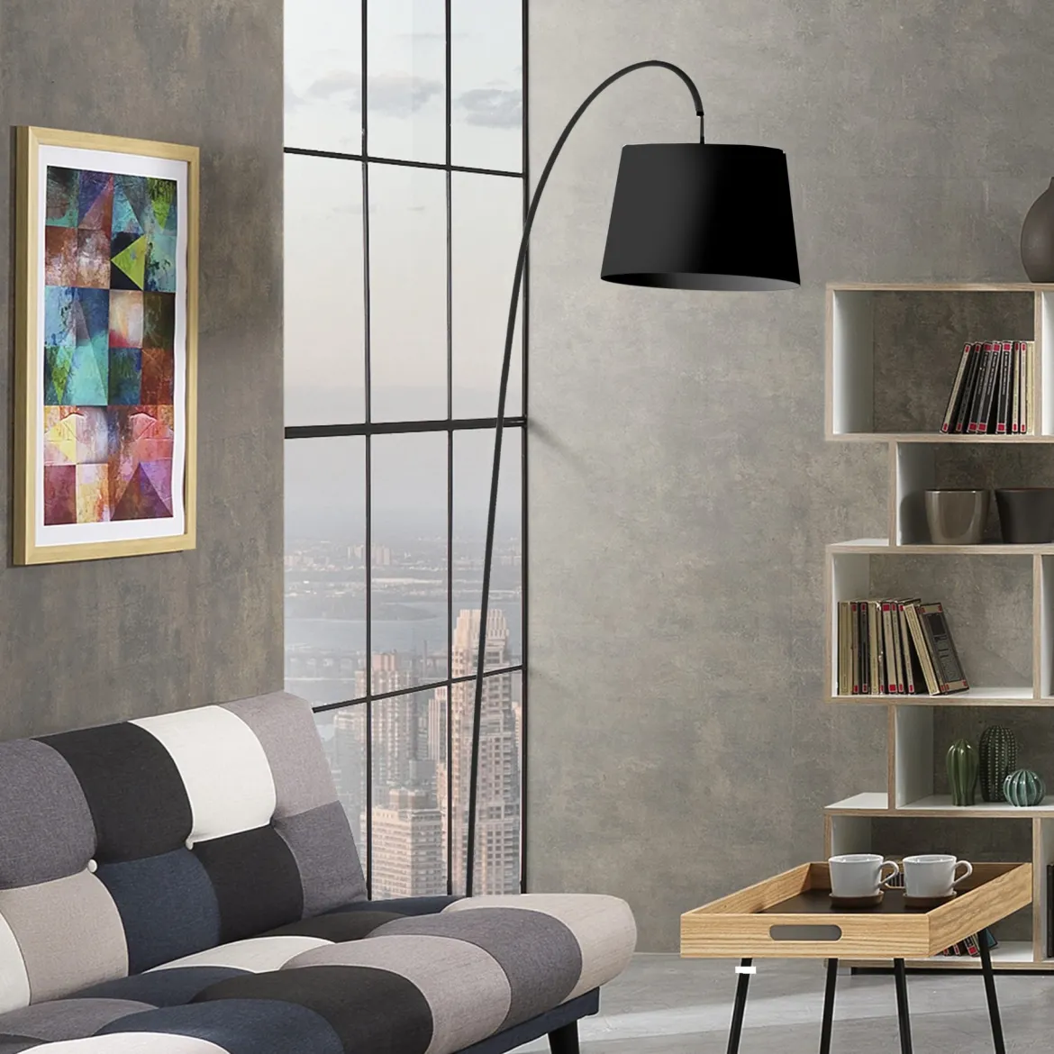 Dido powder taupe lampada da terra fusto metallo nero lucido paralume tessuto nero h210 d29 l80