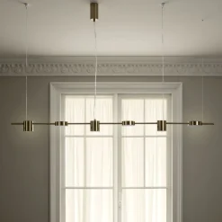 Domino led mind lampadario in alluminio colore ottone anticato opaco regolabile 160x10 h130 cm