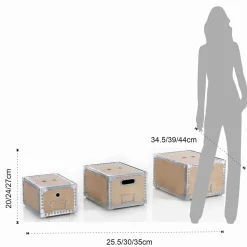 Dora set 3 bauli legno wood porta oggetti in compensato di abete e acciaio zincato con vano etichetta