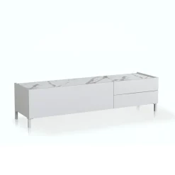 Eddy milano porta tv 1 anta e 2 cassetti laccato bianco lucido top finitura marmo calacatta opaco 160x40xh42 cm