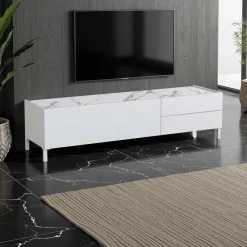 Eddy milano porta tv 1 anta e 2 cassetti laccato bianco lucido top finitura marmo calacatta opaco 160x40xh42 cm