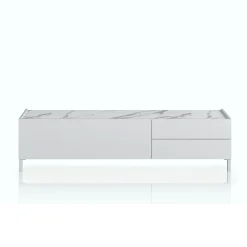 Eddy milano porta tv 1 anta e 2 cassetti laccato bianco lucido top finitura marmo calacatta opaco 160x40xh42 cm