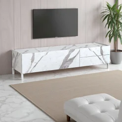 Eddy white marble porta tv 1 anta ribalta e 2 cassetti finitura marmo bianco opaco calacatta 160x40xh42 cm