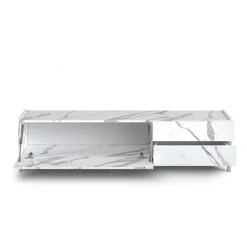 Eddy white marble porta tv 1 anta ribalta e 2 cassetti finitura marmo bianco opaco calacatta 160x40xh42 cm