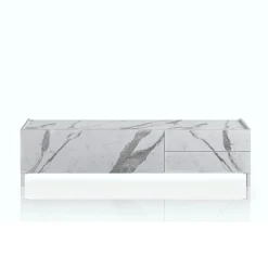 Eddy white marble porta tv 1 anta ribalta e 2 cassetti finitura marmo bianco opaco calacatta 160x40xh42 cm