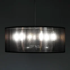 Elizabetha lampadario 6 luci in metallo cromato con paralume effetto organza argento e filo regolabile d50 h20 cm