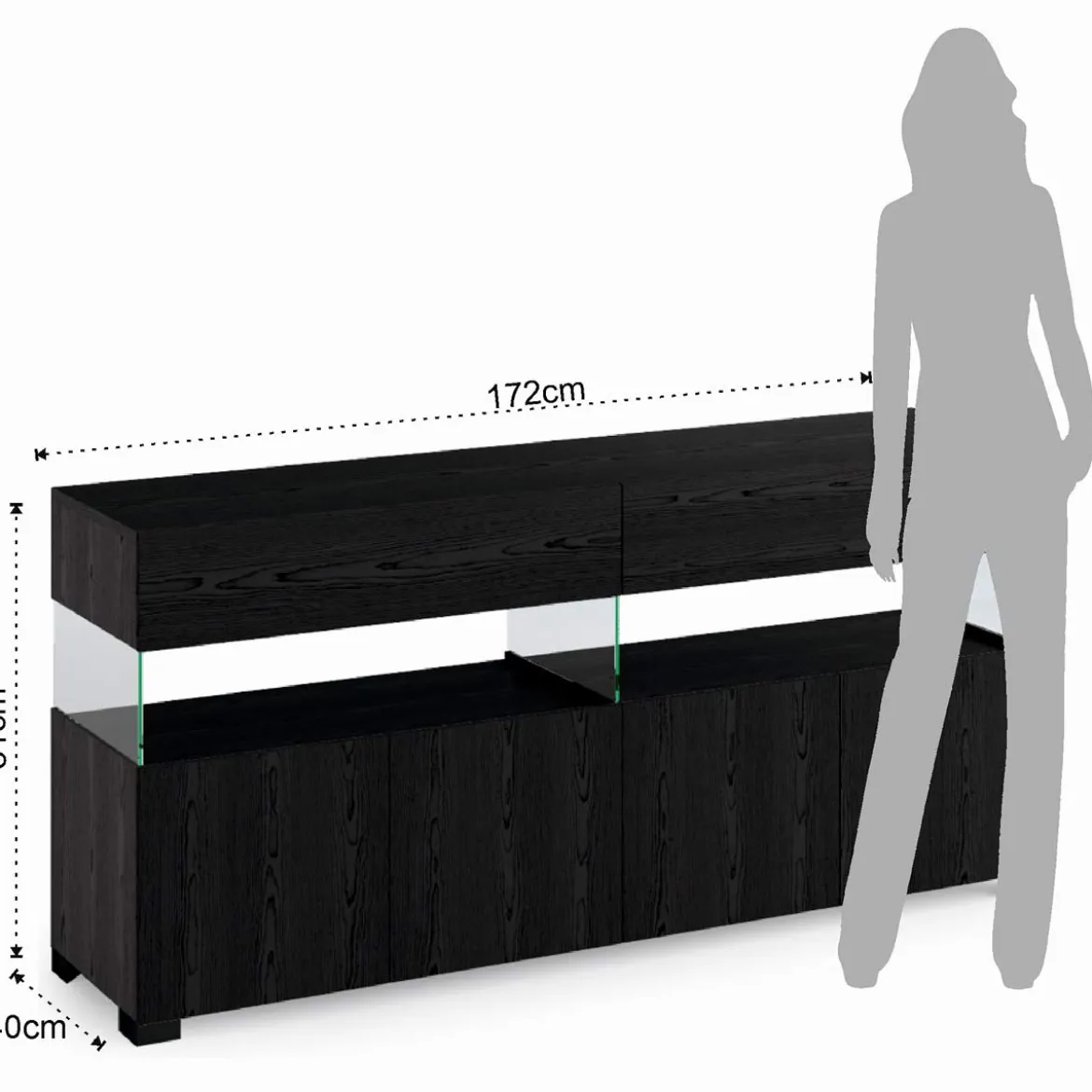 Float black wood madia 4 ante 2 cassetti finitura rovere nero e vetro 172x40xh81 cm