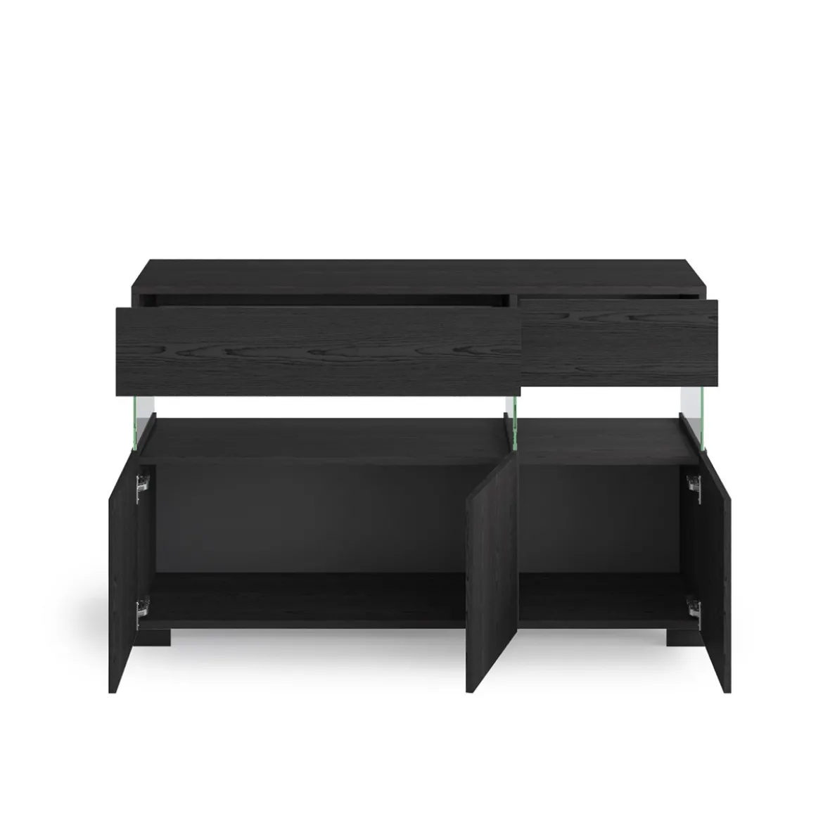 Float black wood madia 3 ante 2 cassetti finitura rovere nero e vetro 129x40xh81 cm