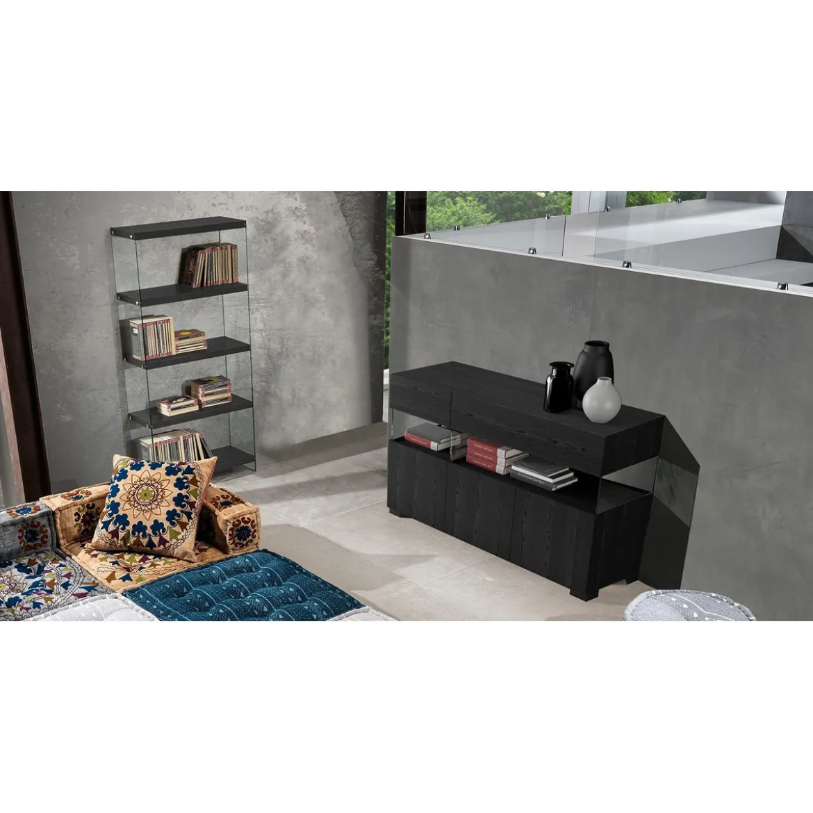 Float black wood madia 3 ante 2 cassetti finitura rovere nero e vetro 129x40xh81 cm