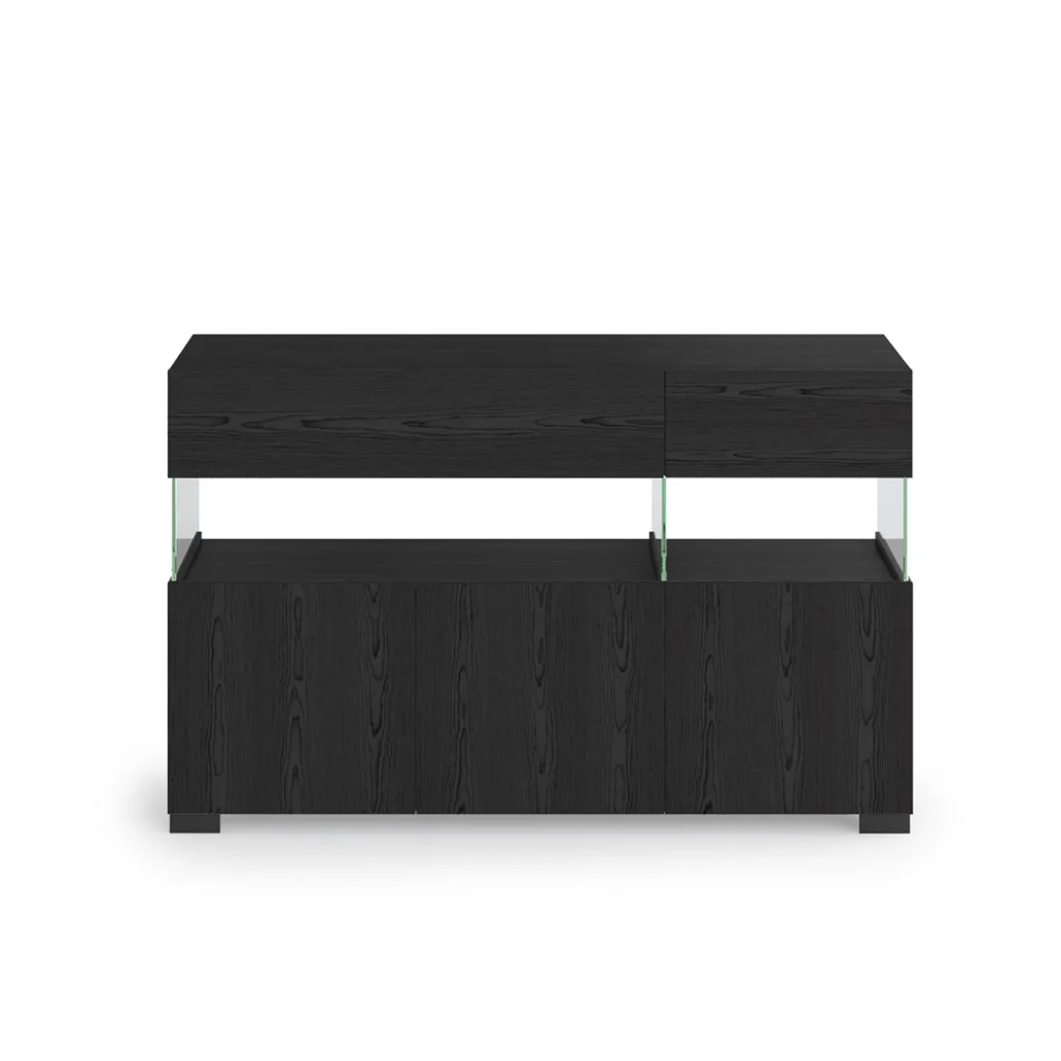 Float black wood madia 3 ante 2 cassetti finitura rovere nero e vetro 129x40xh81 cm