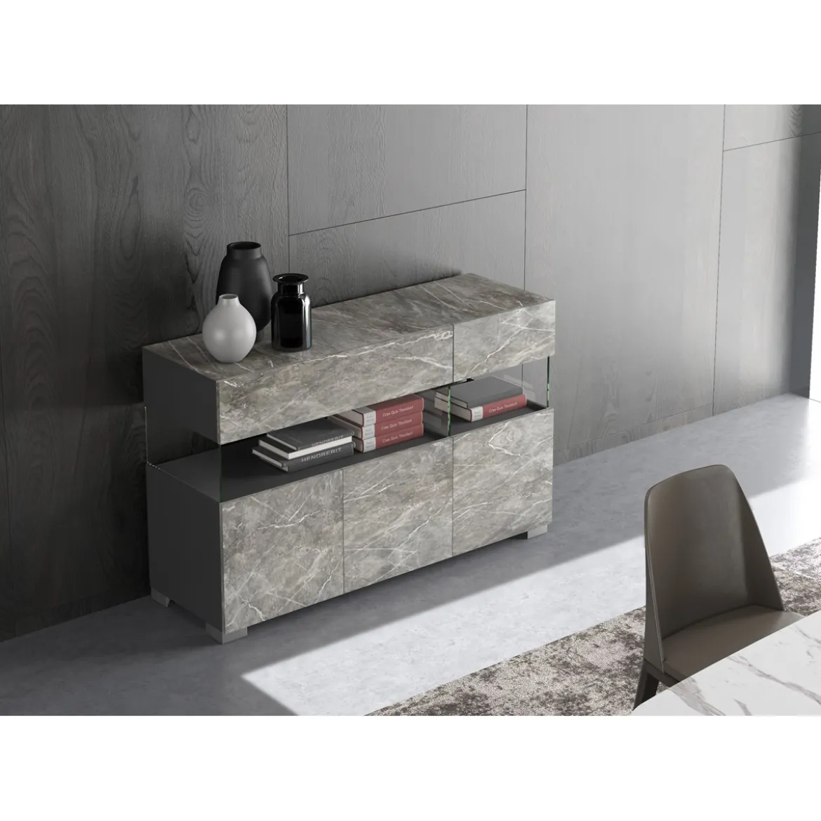 Float marble madia 3 ante 2 cassetti finitura marmo grigio antracite opaco e vetro 129x40xh81 cm