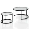 Gabriel evo clear set 2 tavolini con top in vetro spessore 6 mm e struttura acciaio nero opaco diametro 50/70 cm