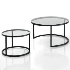 Gabriel evo clear set 2 tavolini con top in vetro spessore 6 mm e struttura acciaio nero opaco diametro 50/70 cm