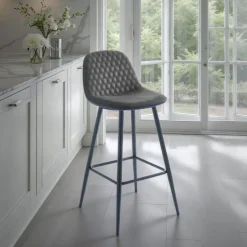 Gale grey sgabello in tessuto effetto velluto grigio invecchiato e pelle sintetica nera metallo nero opaco 42x50xh100 cm