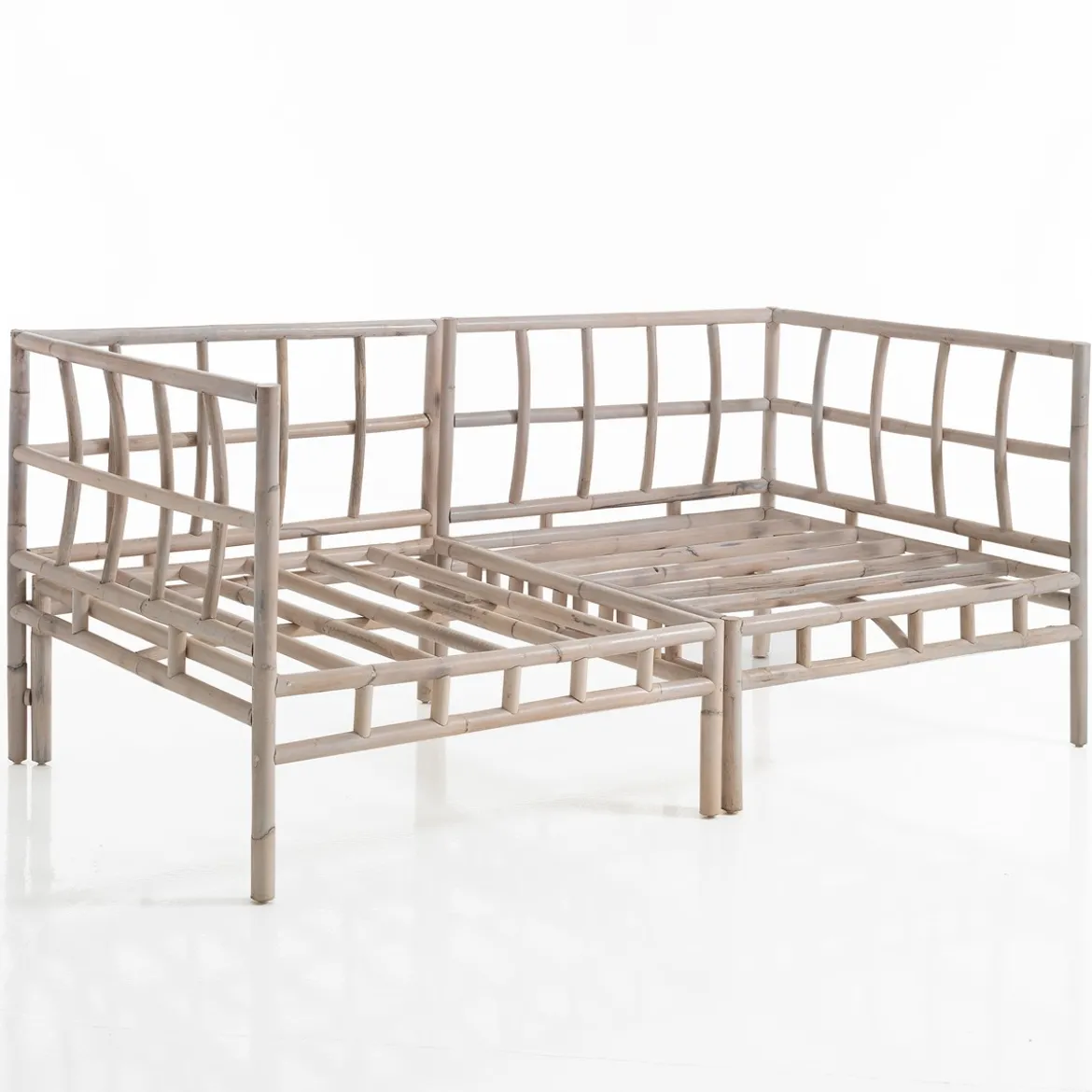Julia-a divano 2 posti in rattan sbiancato rivestimento 100% cotone grigio chiaro 160x80xh70 cm