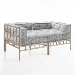 Julia-a divano 2 posti in rattan sbiancato rivestimento 100% cotone grigio chiaro 160x80xh70 cm