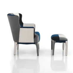 Kaleidos-e blue poltrona pouf tessuto tecnica patchwork gambe legno massello cm h.98 x l.78 x p.70