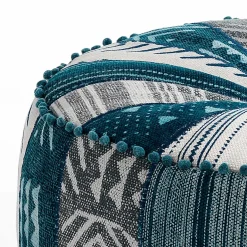 Kamar blue patch pouf rotondo rivestimento cotone 100% patchwork blu d60xh30 cm