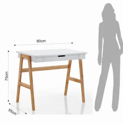 Karro Scrivania / Computer Desk Bianca Opaco Laccata e Legno Massello finitura Rovere, 90 x 55 x h 75 cm