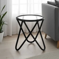 Ken black tavolino in rattan nero e vetro cm d. 47 x h.55