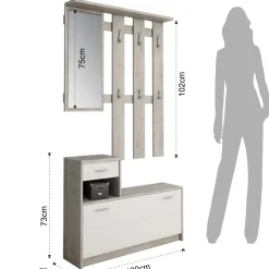 Ken cement mobile ingresso con specchio e scarpiera finitura larice bianco e grigio cemento larghezza 97 cm