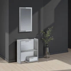 Kiara cement mobile ingresso essen cement 2 cassetti e specchio h100 cm finitura cemento e larice bianco 83x29xh90 cm