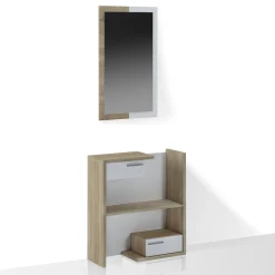 Kiara Wood mobile Ingresso con Specchio e 2 cassetti finitura Rovere e Larice Bianco, 83 x 29 x h 90 cm
